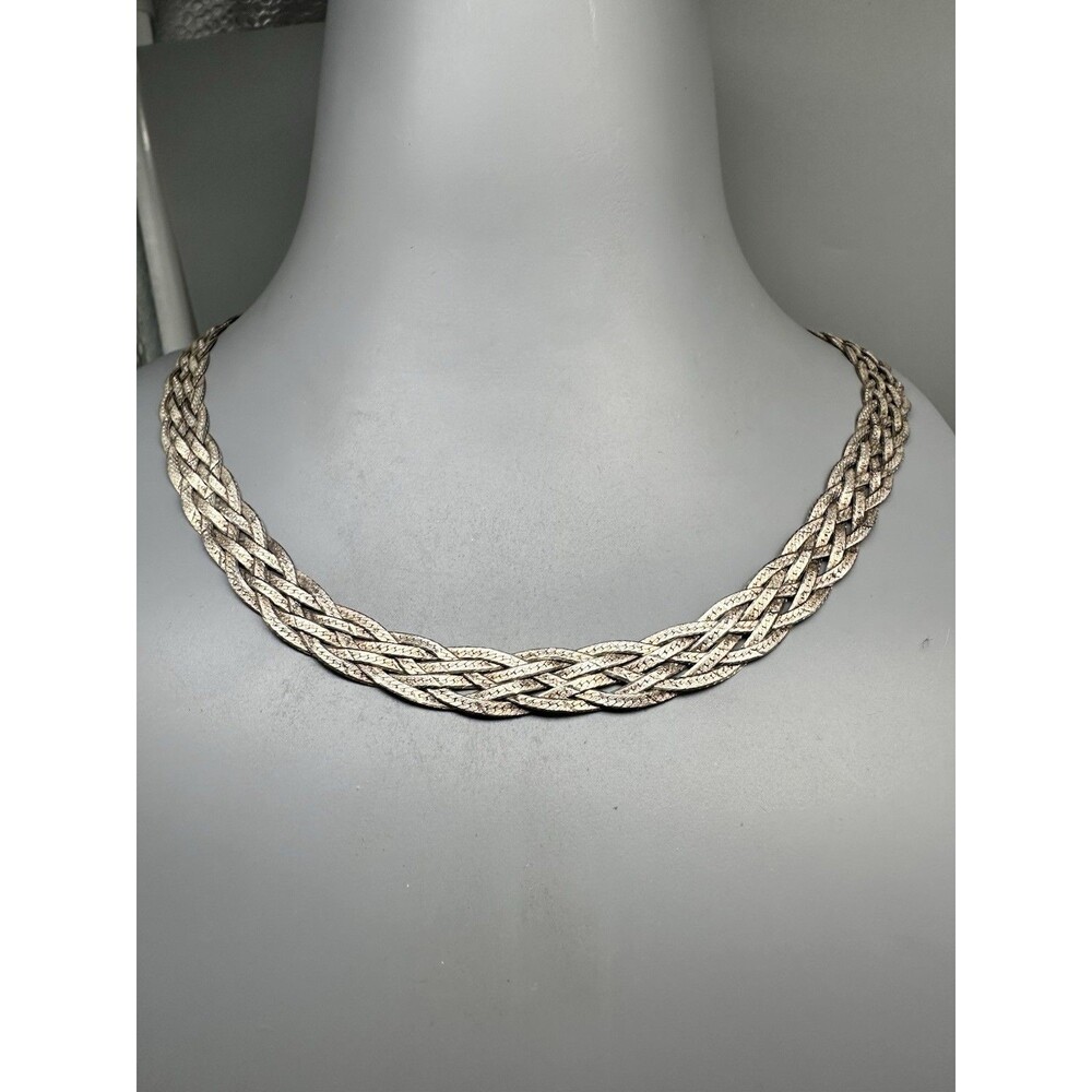Flat Woven Braided 925 Italy Silver Necklace 19”